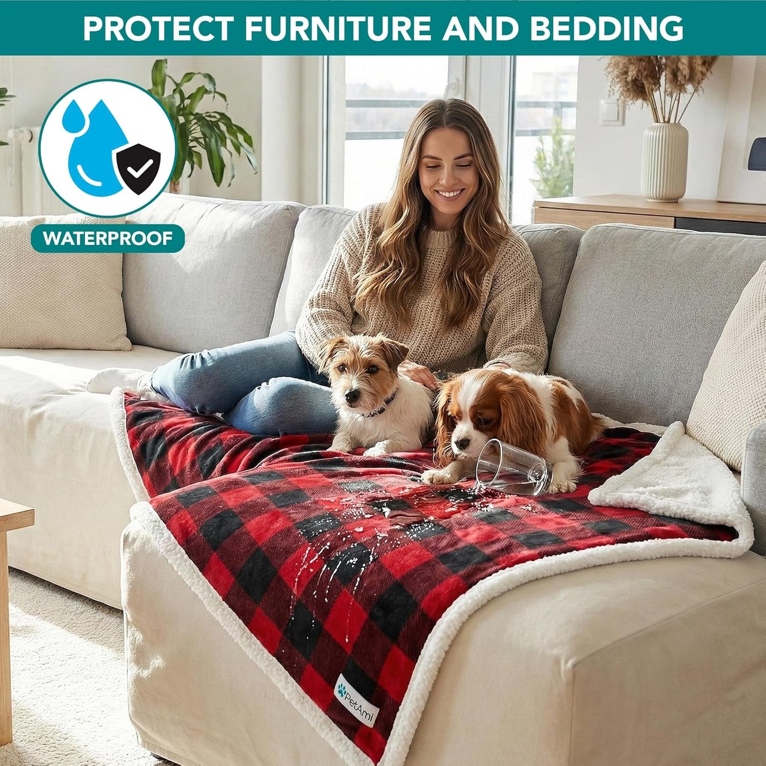 Waterproof Dog Blanket for Large Dog Cat Pet, 60X80, Black Red | 460 GSM Sherpa Fleece Reversible, Pee Proof, Furniture Protector Cover for Couch Sofa Bed Kennel, Washable, Extra Large