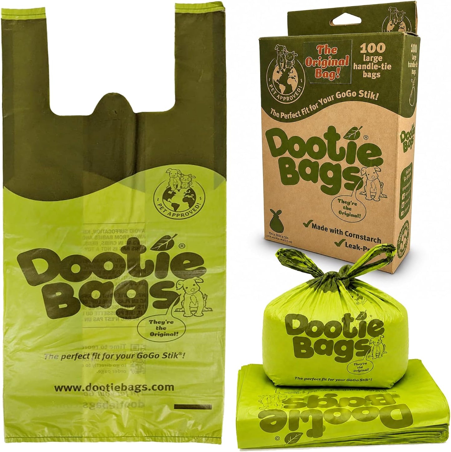 The Original Dootie Bag Is Back! Pooch Approved Large Dootie Bags, Dog Poop Bags. Strong, Leakproof - EZ Tie Handles. Perfect for Dogs & Cat Litter. Pet Waste Cleanup, Swivel Bin &  Scoopers.