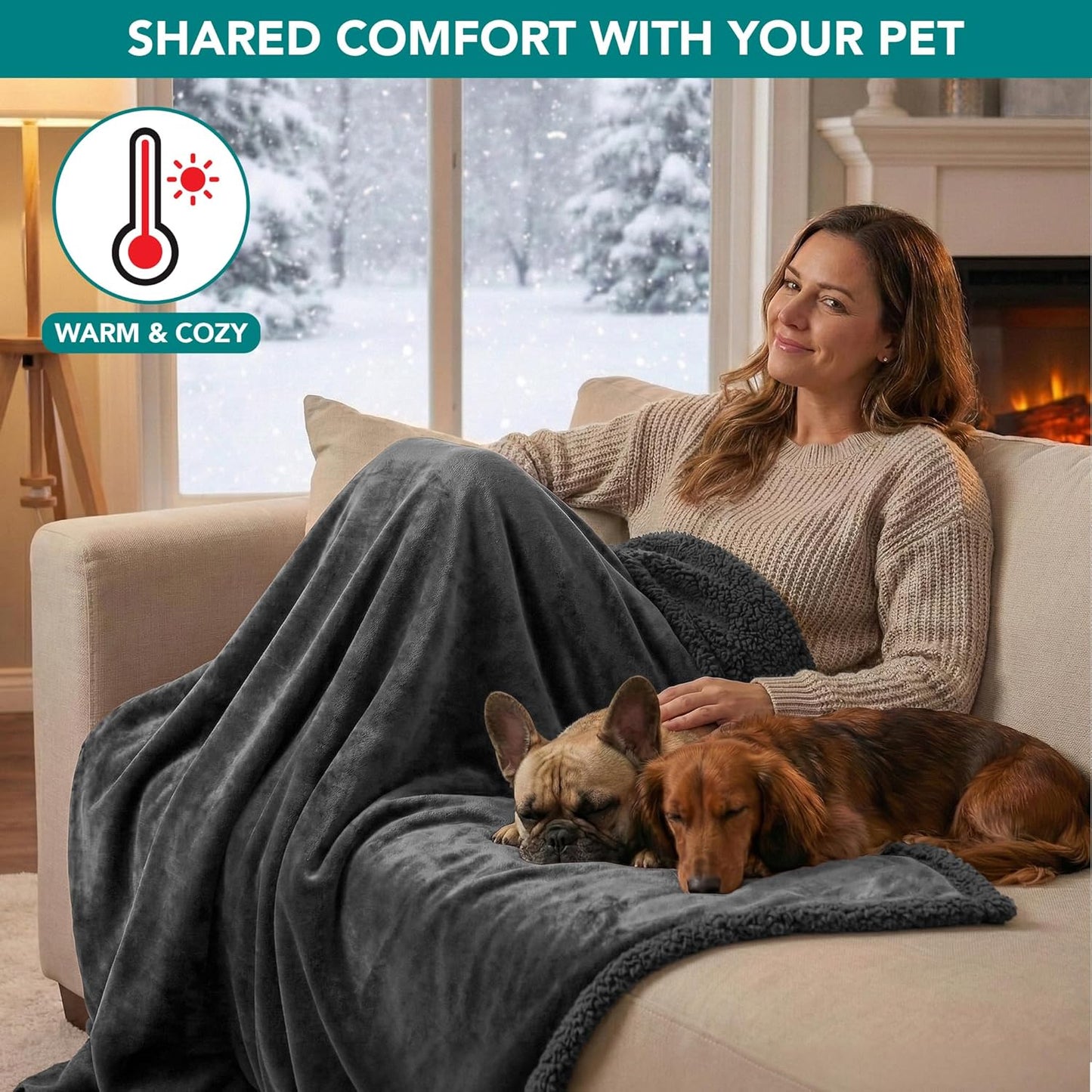 Waterproof Dog Blanket for Large Dog Pet, 90X90 Queen, Dark Grey | 460 GSM Sherpa Fleece Reversible, Pee Proof Cat Blanket, Furniture Protector Cover for Bed Sofa Kennel, Washable, Queen Size