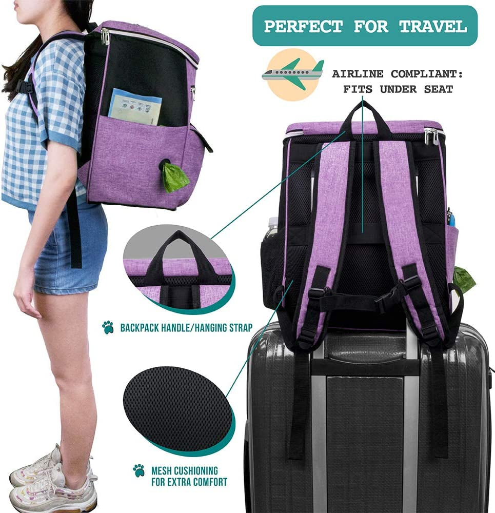 Dog Travel Backpack 27L Airline Approved Pet Supplies Bag, Purple