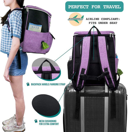 Dog Travel Backpack 27L Airline Approved Pet Supplies Bag, Purple