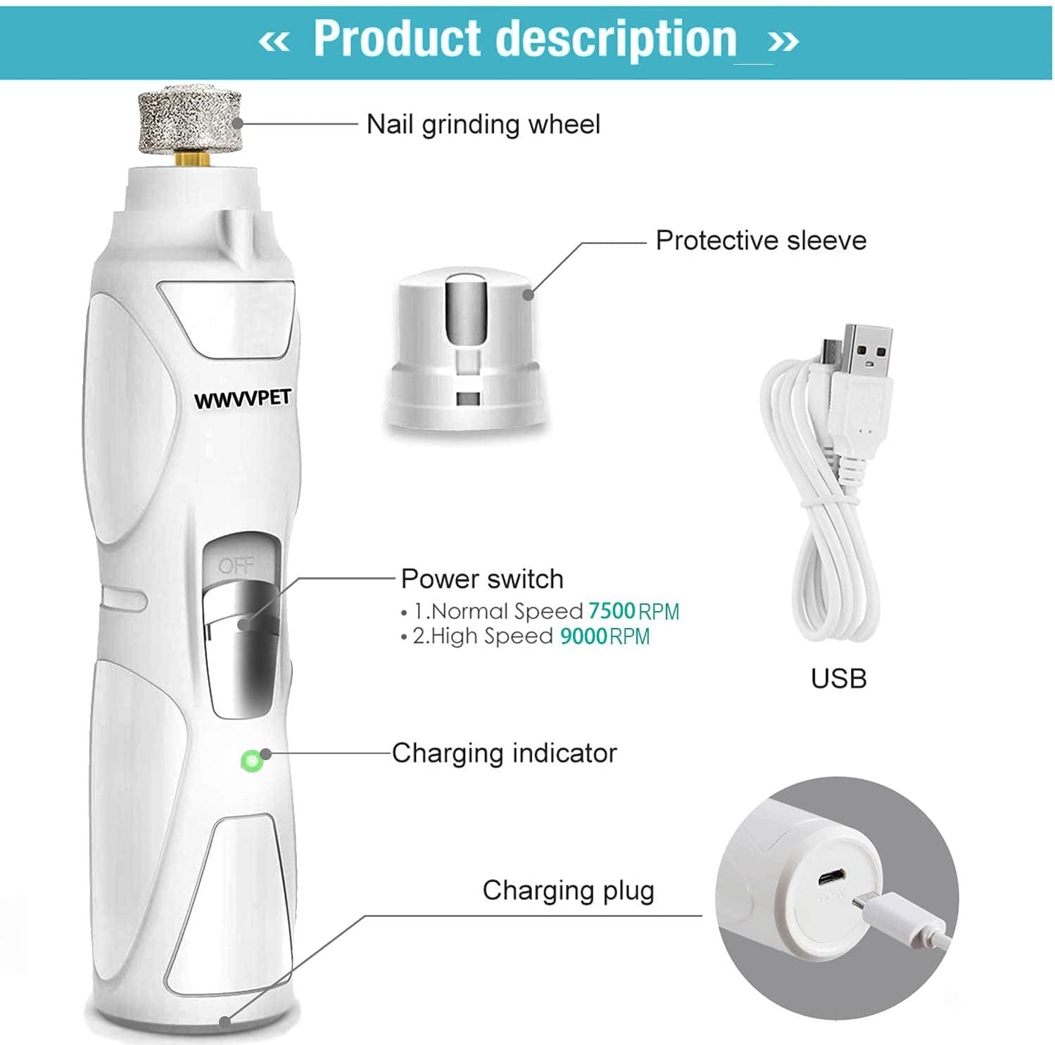 Pet Nail Grinder with LED Light & 2 Grinding Heads, 2-Speed Low Noise