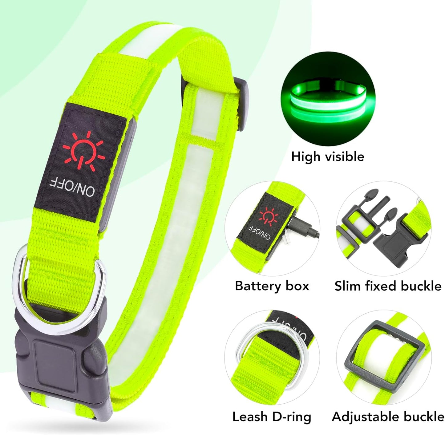 LED Dog Collar, Light up Dog Collar Adjustable Safety Glowing Collar