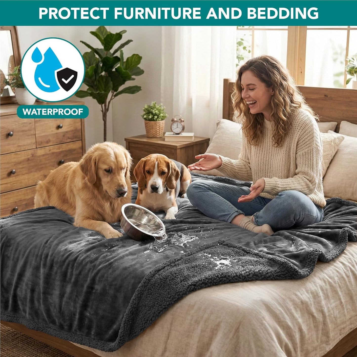Waterproof Dog Blanket for Large Dog Pet, 90X90 Queen, Dark Grey | 460 GSM Sherpa Fleece Reversible, Pee Proof Cat Blanket, Furniture Protector Cover for Bed Sofa Kennel, Washable, Queen Size