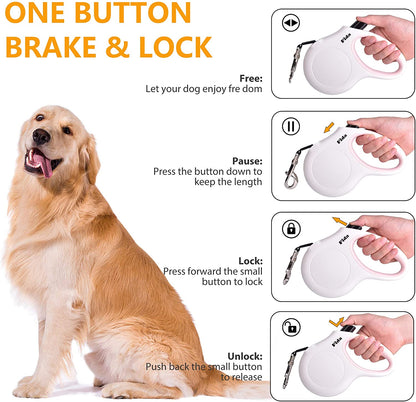 Retractable Dog Leash with Dispenser and Poop Bags, 10Ft, White & Pink