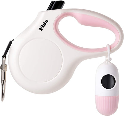 Retractable Dog Leash with Dispenser and Poop Bags, 10Ft, White & Pink