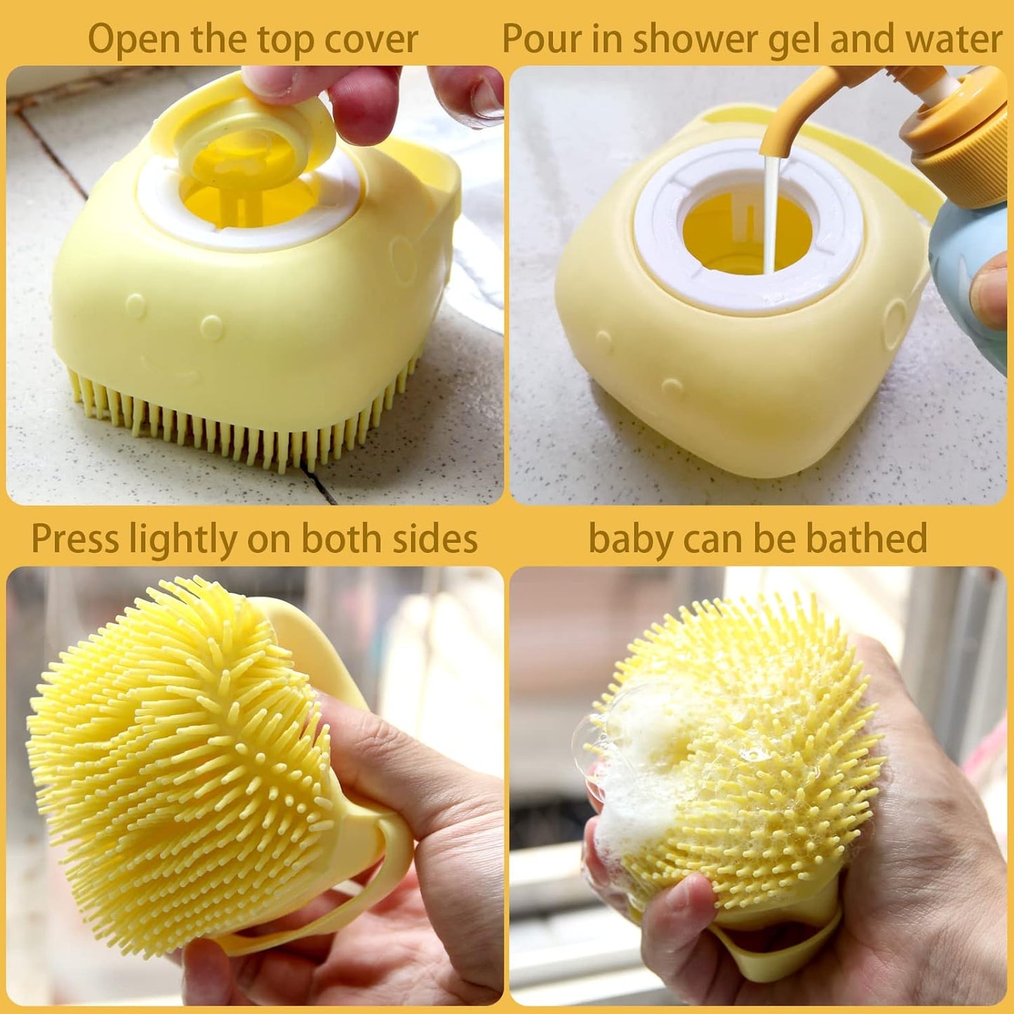 Pet Bath Brush Dog Shampoo Dispenser Dog Bath Brush Scrubber (Yellow)