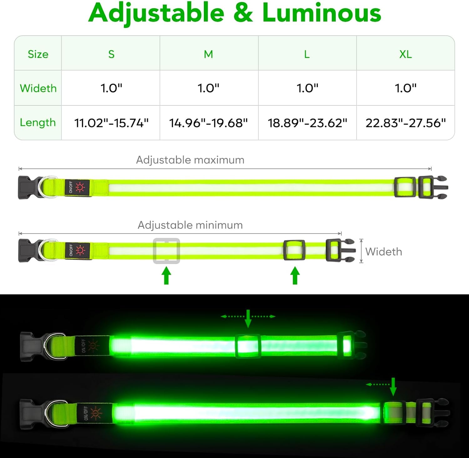 LED Dog Collar, Light up Dog Collar Adjustable Safety Glowing Collar