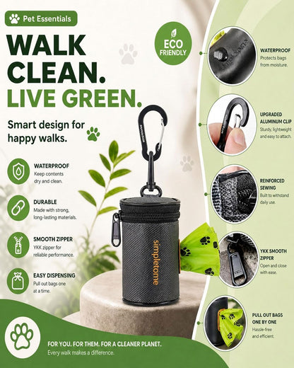 1680D Oxford Dog Poop Bag Holder with Clip for Leash or Belt, Dark Gray