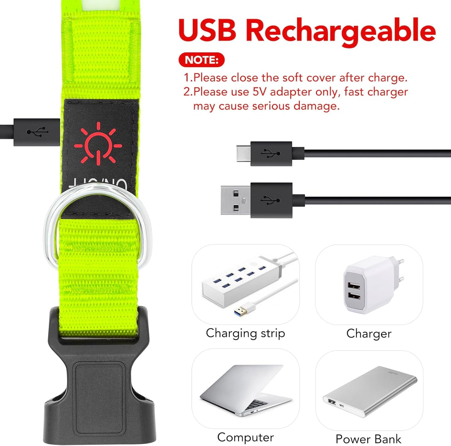 LED Dog Collar, Light up Dog Collar Adjustable Safety Glowing Collar