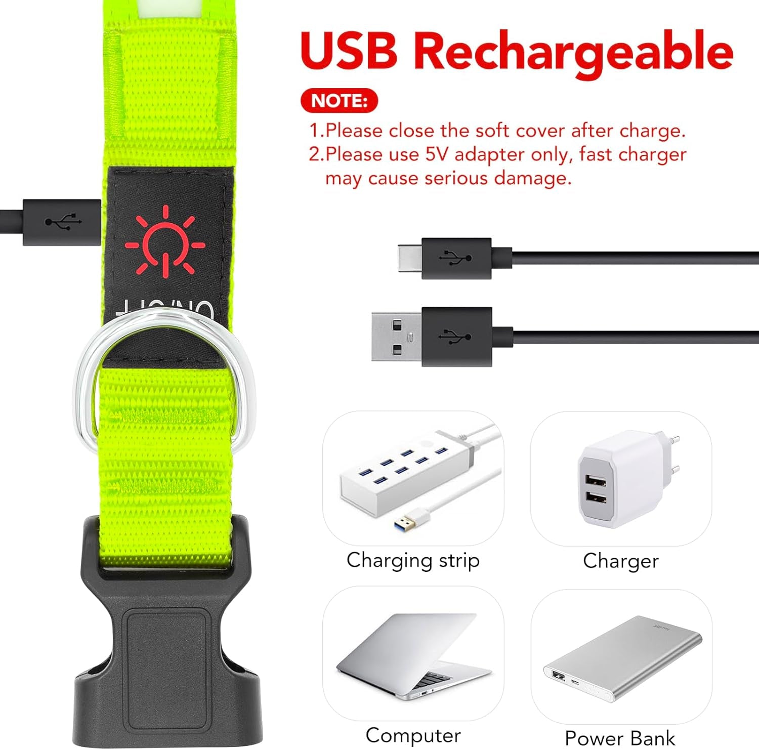 LED Dog Collar, Light up Dog Collar Adjustable Safety Glowing Collar