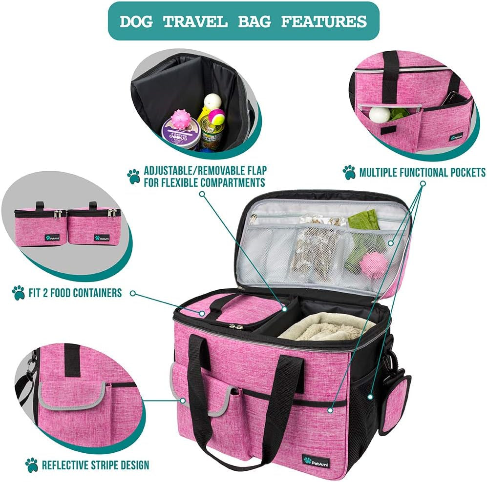 Dog Travel Bag Organizer, Pet Supplies Tote Diaper Bag, Pink Medium