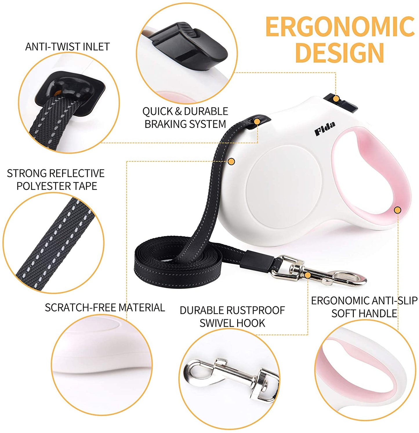 Retractable Dog Leash with Dispenser and Poop Bags, 10Ft, White & Pink