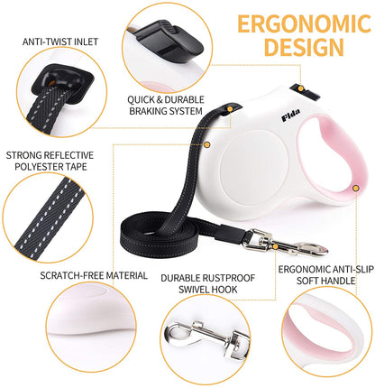 Retractable Dog Leash with Dispenser and Poop Bags, 10Ft, White & Pink