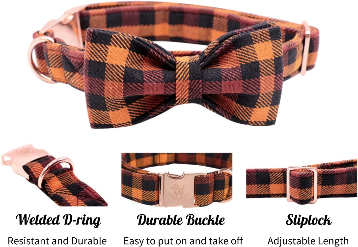 Fall Dog Collar with Bow, Black and Orange Print Fall Pet Collars Small
