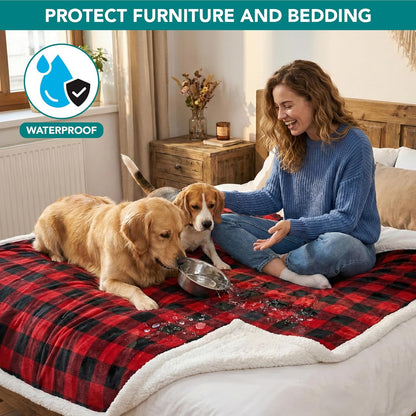 Waterproof Dog Blanket for Large Dog Cat Pet, 60X80, Black Red | 460 GSM Sherpa Fleece Reversible, Pee Proof, Furniture Protector Cover for Couch Sofa Bed Kennel, Washable, Extra Large