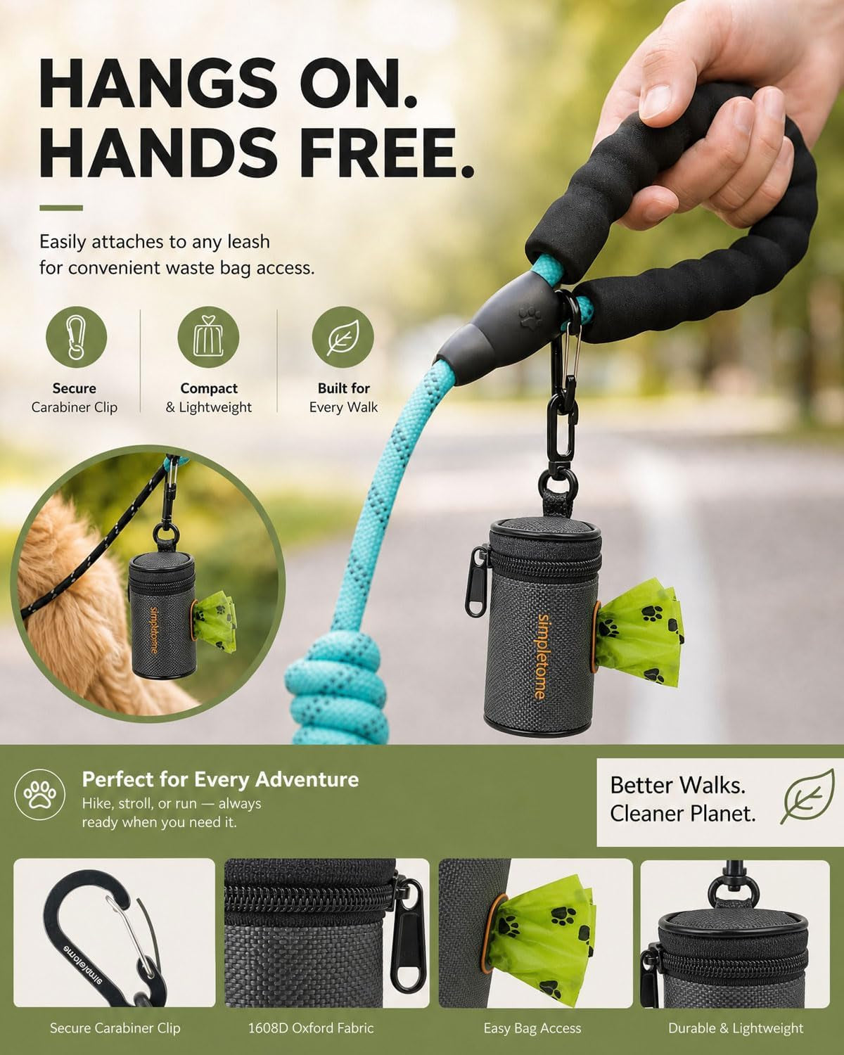 1680D Oxford Dog Poop Bag Holder with Clip for Leash or Belt, Dark Gray