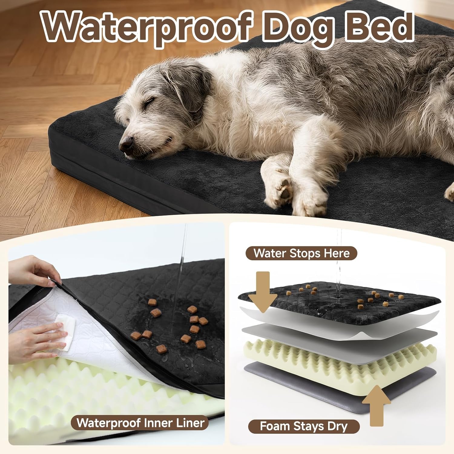 Waterproof Dog Bed for Crate, Washable Reversible Kennel Pads, 23X17, Black
