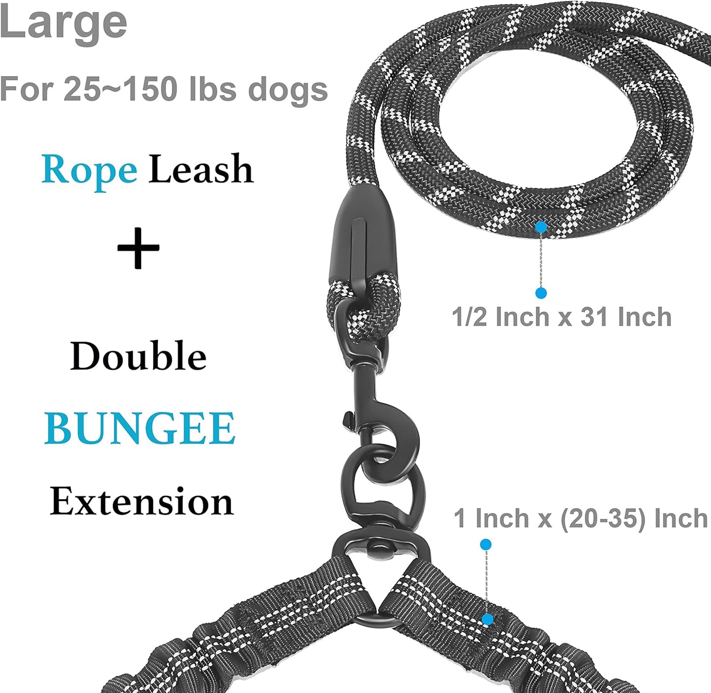 Double Dog Leash, 360° Swivel, No Tangle, Large, 25-150 Lbs, Black