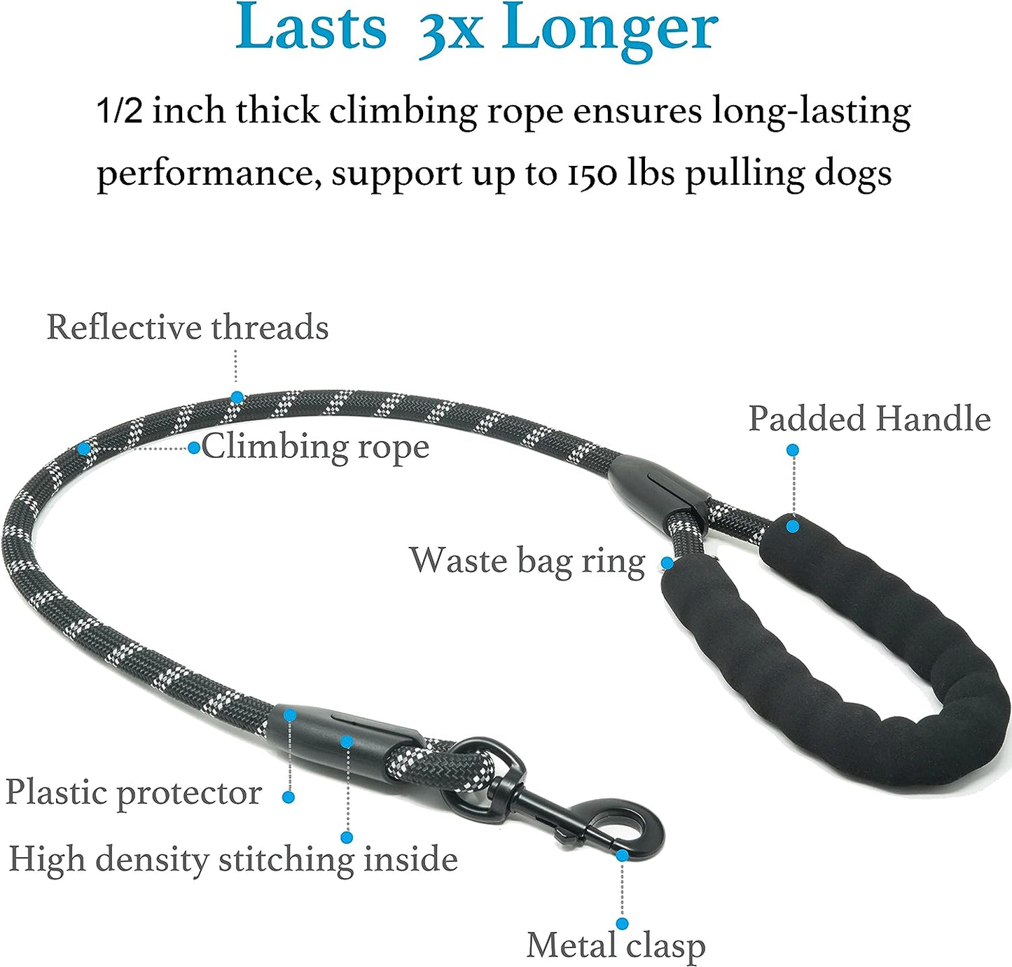Double Dog Leash, 360° Swivel, No Tangle, Large, 25-150 Lbs, Black